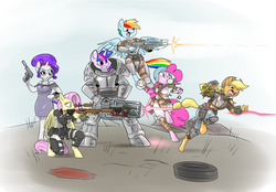 Size: 1083x754 | Tagged: safe, artist:metal-kitty, applejack, fluttershy, pinkie pie, rainbow dash, rarity, twilight sparkle, earth pony, pegasus, unicorn, anthro, unguligrade anthro, g4, armor, assault rifle, badass, baseball, clothes, crossover, description at source, description is relevant, dress, fallout, fallout 4, female, flutterbadass, glasses, grenade, gun, horn, mane six, minigun, open mouth, optical sight, pistol, power armor, power fist, powered exoskeleton, rifle, shooting, sniper rifle, spread wings, sunglasses, teeth, tire, wasteland, weapon, wings, x-01 power armor