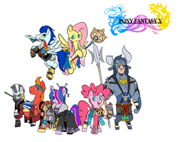 Size: 978x783 | Tagged: safe, artist:metal-kitty, big macintosh, fluttershy, iron will, pinkie pie, princess luna, soarin', twilight sparkle, zecora, earth pony, pony, zebra, g4, auron, crossover, final fantasy, final fantasy x, kimahri, male, rikku, stallion, tidus, wakka, yuna (final fantasy)