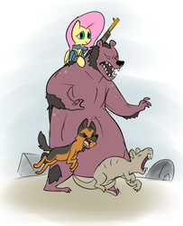 Size: 641x791 | Tagged: safe, artist:metal-kitty, fluttershy, bear, dog, naked mole rat, pegasus, pony, g4, crossover, description at source, description is relevant, dogmeat, fallout, fallout 4, female, gun, hooves, mare, open mouth, ponies riding bears, riding, riding a bear, rifle, sniper rifle, weapon, wings