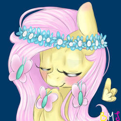 Size: 2000x2000 | Tagged: safe, artist:buttermayojamz, fluttershy, butterfly, g4, bust, eyes closed, female, floral head wreath, flower, high res, solo, wreath