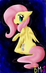 Size: 525x825 | Tagged: safe, artist:buttermayojamz, fluttershy, pegasus, pony, g4, female, floppy ears, looking at you, looking back, looking back at you, open mouth, raised hoof, rear view, scared, shaking, shivering, sitting, solo, wings