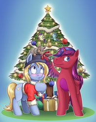 Size: 1024x1307 | Tagged: safe, artist:nauth, bon bon, lyra heartstrings, sweetie drops, oc, alicorn, angel, armadillo, pony, g4, alicorn oc, blushing, chibi, christmas tree, clothes, hat, mistletoe, present, romantic, santa costume, tree