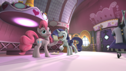 Size: 1920x1080 | Tagged: safe, artist:konyjay, pinkie pie, rarity, canterlot boutique, g4, my little pony: friendship is magic, 3d, cupcake, food, glasses, letter, plate, scene interpretation, source filmmaker