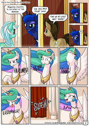 Size: 955x1351 | Tagged: safe, artist:mysticalpha, doctor whooves, lyra heartstrings, princess celestia, princess luna, time turner, alicorn, pony, comic:day in the lives of the royal sisters, g4, comic, constipated, crown, faic, female, floppy ears, horseshoes, implied pooping, jewelry, male, mare, open mouth, peytral, potty time, puffy cheeks, regalia, relief, stallion, straining, tongue out, wide eyes