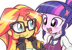Size: 738x512 | Tagged: safe, artist:k-nattoh, sci-twi, sunset shimmer, twilight sparkle, equestria girls, g4, accessory swap, adorkable, blushing, clothes, cute, dork, duo, eye contact, female, glasses, meganekko, open mouth, shimmerbetes, smiling, twiabetes