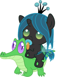 Size: 786x1067 | Tagged: safe, artist:red4567, gummy, queen chrysalis, changeling, nymph, pony, g4, baby, baby pony, cute, cutealis, ponies riding gators, recolor, riding, weapons-grade cute
