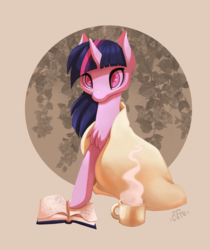 Size: 1534x1826 | Tagged: safe, artist:miss-cats, twilight sparkle, g4, blanket, book, chest fluff, coffee, coffee mug, comfy, female, food, solo