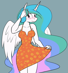 Size: 714x765 | Tagged: safe, artist:whatsapokemon, princess celestia, alicorn, anthro, g4, blushing, bracelet, clothes, cute, dress, female, gray background, shy, simple background, smiling, solo, spread wings
