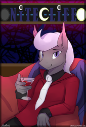 Size: 750x1100 | Tagged: safe, artist:php41, derpibooru exclusive, oc, oc only, oc:strobe light, bat pony, anthro, alcohol, chair, clothes, food, logo, looking at you, male, martini, nightclub, nite life, solo, suit