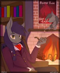 Size: 1000x1200 | Tagged: safe, artist:php41, derpibooru exclusive, oc, oc only, oc:center stage, bat pony, anthro, ascot, bishonen, book, bookshelf, chair, clothes, fancy, fireplace, looking at you, male, movie poster, pipe, poster, smoking, solo, statue, suit