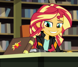 Size: 1152x996 | Tagged: safe, edit, edited screencap, screencap, sunset shimmer, equestria girls, g4, my little pony equestria girls: friendship games, :d, canterlot high, cropped, journey book, library, lidded eyes, smiling, sunedge shimmer