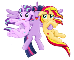 Size: 1259x1024 | Tagged: safe, artist:majkashinoda626, starlight glimmer, sunset shimmer, twilight sparkle, alicorn, pony, unicorn, g4, counterparts, cute, diabetes, eyes closed, female, floppy ears, flying, frown, glimmerbetes, happy, horn, hug, magical trio, open mouth, s5 starlight, shimmerbetes, simple background, smiling, spread wings, transparent background, trio, trio female, twiabetes, twilight sparkle (alicorn), twilight's counterparts, underhoof, vector, wide eyes, wings