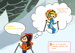 Size: 1269x901 | Tagged: safe, artist:obeliskgirljohanny, spitfire, oc, oc:marmalade meringue, human, g4, ass, butt, butt shake, canon x oc, clothes, feels like i'm wearing nothing at all, goggles, humanized, male, scarf, sexy, shipping, skis, stupid sexy flanders, stupid sexy spitfire, the simpsons, wiggle