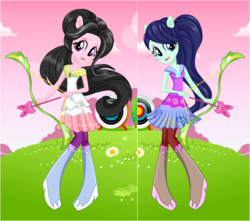 Size: 681x602 | Tagged: safe, artist:karalovely, blueberry cake, oc, oc:kara lovely, equestria girls, g4, my little pony equestria girls: friendship games, archery, arrow, background human, bow (weapon), bow and arrow, starsue, weapon