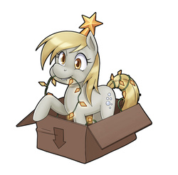 Size: 1280x1261 | Tagged: safe, artist:nauth, derpy hooves, pegasus, pony, g4, box, christmas, cute, decoration, delivery pony, derpabetes, female, mare, pony in a box, simple background, solo, stars, white background