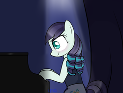 Size: 767x580 | Tagged: dead source, safe, artist:ultrard, coloratura, earth pony, pony, g4, the mane attraction, blushing, colored pupils, female, i am just a pony, looking down, mare, musical instrument, piano, rara, sitting, smiling, solo, spotlight, the magic inside