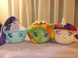 Size: 4000x3000 | Tagged: safe, artist:masha05, coloratura, moondancer, tree hugger, pony, g4, baby, baby pony, baby pony plushies, bed, countess coloratura, cute, floral head wreath, irl, missing accessory, photo, plushie