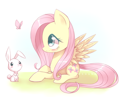 Size: 1000x800 | Tagged: safe, artist:riouku, angel bunny, fluttershy, butterfly, pony, g4, blushing, cute, female, mare, prone, shyabetes, smiling, speedpaint available, spread wings