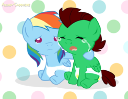 Size: 1396x1076 | Tagged: dead source, safe, artist:azura-sapphire, rainbow dash, oc, oc:northern haste, pony, g4, accident, baby, baby dash, baby pony, crying, diaper, foal, northash, request, urine, wet diaper, younger