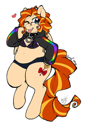 Size: 1132x1648 | Tagged: safe, artist:collaredginger, oc, oc only, oc:honeycane, anthro, unguligrade anthro, arm hooves, belly, belly button, bikini top, booty shorts, bra, chubby, clothes, female, glasses, hoodie, mare, midriff, plump, simple background, solo, tongue out, underwear, white background