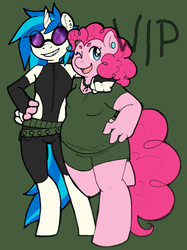 Size: 2124x2845 | Tagged: safe, artist:collaredginger, dj pon-3, pinkie pie, vinyl scratch, anthro, unguligrade anthro, g4, chubby, clothes, fat, female, high res, lesbian, shipping, vinylpie