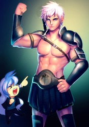 Size: 990x1400 | Tagged: safe, artist:bakki, oc, oc only, oc:lyoko hope, oc:silver spark, human, abs, armor, barely pony related, blue eyes, chibi, commission, flexing, humanized, humanized oc, lyover, muscles, pecs, unconvincing armor