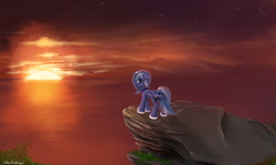 Size: 3000x1792 | Tagged: safe, artist:1deathpony1, princess luna, g4, cliff, crepuscular rays, female, looking at you, looking back, ocean, s1 luna, solo, sunset, twilight (astronomy), water