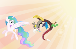 Size: 3750x2420 | Tagged: safe, artist:scienceisanart, discord, princess celestia, g4, flying, high res, lens flare, open mouth, smiling, vector, wallpaper, younger