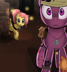 Size: 2483x2688 | Tagged: safe, artist:mmmenagerie, fluttershy, twilight sparkle, firefly (insect), pegasus, pony, unicorn, g4, 2012, alternate hairstyle, cutie mark, depth of field, dog tags, duo, headband, meeting, saddle bag, scar, surprised, sword, weapon