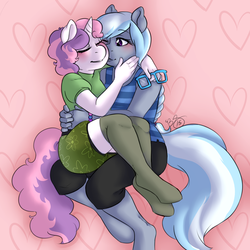 Size: 4000x4000 | Tagged: safe, artist:collaredginger, silver spoon, sweetie belle, earth pony, unicorn, anthro, unguligrade anthro, g4, ass, blushing, butt, clothes, cuddling, eyes closed, female, glasses, glasses off, kneesocks, lesbian, mare, nuzzling, older, older silver spoon, older sweetie belle, one eye closed, ship:silverbelle, shipping, socks, tank top