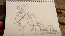 Size: 5312x2988 | Tagged: safe, artist:serveris7, oc, oc only, oc:double blade, oc:ravage fang, bat pony, bat pony unicorn, pony, colt, father and daughter, father and son, female, filly, male, sketch, sleeping, solo