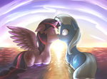 Size: 1400x1032 | Tagged: safe, artist:shydale, trixie, twilight sparkle, alicorn, pony, unicorn, g4, blushing, duo, female, heart, horn, horns are touching, kiss on the lips, kissing, lesbian, mare, ocean, plump, ship:twixie, shipping, sunset, surprise kiss, surprised, twilight sparkle (alicorn), water, wide eyes, wingboner