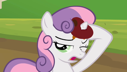 Size: 1280x720 | Tagged: safe, screencap, sweetie belle, pony, unicorn, g4, sisterhooves social, apple, female, food, horn, horn impalement, one eye closed, open mouth, rotten apple, solo