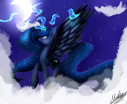 Size: 4000x3280 | Tagged: safe, artist:midfire, princess luna, g4, cloud, female, magic, moon, night, solo, spread wings