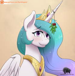 Size: 1958x1965 | Tagged: safe, artist:sugarlesspaints, princess celestia, alicorn, pony, g4, :3, blushing, cute, cutelestia, female, horn, looking at you, mare, mistletoe, mistletoe horn, patreon, patreon logo, pixiv, smiling, solo