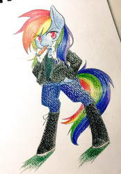 Size: 1280x1836 | Tagged: dead source, safe, artist:yukimaki, rainbow dash, anthro, unguligrade anthro, g4, bomber jacket, boots, cigar, clothes, female, jeans, pants, smoking, solo, traditional art