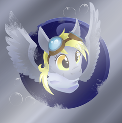 Size: 1024x1034 | Tagged: safe, artist:missingmonsters, derpy hooves, pegasus, pony, g4, bubble, clothes, female, goggles, mare, scarf, solo, spread wings