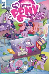 Size: 1054x1600 | Tagged: safe, artist:brenda hickey, idw, spike, twilight sparkle, dragon, pony, unicorn, g4, spoiler:comic, spoiler:comic40, baby, baby spike, blocks, book, clothespin, comic cover, cute, diaper, diaper change, filly, filly twilight sparkle, food, gem, ice cream, ice cream cone, levitation, magic, male, mama twilight, nursery, pasta, pointing, sitting on person, sitting on pony, smelly, spaghetti, spikabetes, telekinesis, younger