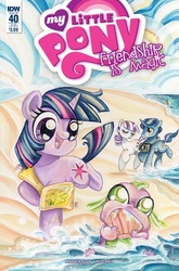 Size: 1054x1600 | Tagged: safe, artist:sararichard, night light, spike, twilight sparkle, twilight velvet, idw, spoiler:comic, spoiler:comic40, baby spike, beach, chewing, comic cover, cute, drool, eyes closed, filly, filly twilight sparkle, floaty, nightvelvet, nom, open mouth, running, seashell, smiling, spikabetes, spike's family, twiabetes, water wings, younger