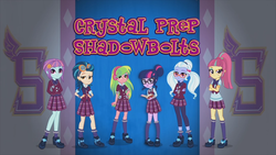 Size: 1920x1080 | Tagged: safe, screencap, indigo zap, lemon zest, sci-twi, sour sweet, sugarcoat, sunny flare, twilight sparkle, equestria girls, g4, my little pony equestria girls: friendship games, arm behind back, book, clothes, crossed arms, crystal prep academy, crystal prep academy uniform, crystal prep shadowbolts, female, glasses, goggles, headphones, looking at you, school uniform, shadow five, shadow six, text, youtube link