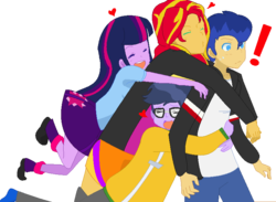 Size: 773x565 | Tagged: safe, artist:asliceoflife, artist:pixel-fairy-ich, flash sentry, microchips, sunset shimmer, twilight sparkle, equestria girls, g4, *3*, base used, bisexual, duckface, eyes closed, flashlightshimmer, flashlightshimmerchips, gang hape, gay, glomp, hape, happy, heart, hug, male, microflash, open mouth, ship:flashimmer, ship:flashlight, shipping, simple background, smiling, straight, surprised, transparent background