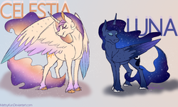 Size: 1024x613 | Tagged: safe, artist:mattsykun, princess celestia, princess luna, classical unicorn, g4, horn, leonine tail