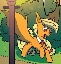 Size: 393x413 | Tagged: safe, idw, official comic, applejack, bat pony, pony, friendship is magic #33, g4, night of the living apples, spoiler:comic, applebat, braid, braided tail, cropped, female, mare, outfit catalog, race swap, raised hoof, solo, spread wings, wings