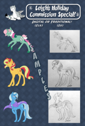 Size: 1181x1748 | Tagged: safe, artist:kourabiedes, fizzy, sunset shimmer, trixie, pony, unicorn, g1, g4, advertisement, commission info, g1 to g4, generation leap, misleading thumbnail