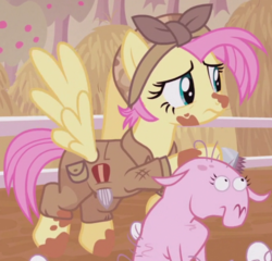 Size: 673x647 | Tagged: safe, screencap, fluttershy, pegasus, pony, sheep, g4, the cutie re-mark, alternate timeline, apocalypse fluttershy, bow, crystal war timeline, female, hair bow, outfit catalog, overalls, solo