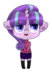 Size: 340x475 | Tagged: safe, artist:cloureed, starlight glimmer, unicorn, anthro, unguligrade anthro, g4, chibi, clothes, cute, eye clipping through hair, female, glimmerbetes, mare, open mouth, simple background, skirt, solo, sweater, transparent background