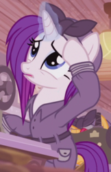 Size: 520x802 | Tagged: safe, screencap, rarity, pony, unicorn, g4, the cutie re-mark, alternate timeline, clothes, crystal war timeline, female, glowing horn, horn, outfit catalog, overalls, rarity the riveter, solo, working