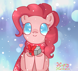 Size: 600x546 | Tagged: safe, artist:saiadass, pinkie pie, g4, christmas, clothes, female, happy holidays, heart eyes, hearth's warming, looking at you, present, scarf, snow, snowfall, solo, wingding eyes
