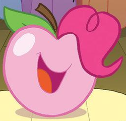 Size: 260x250 | Tagged: safe, idw, pinkie pie, living apple, g4, night of the living apples, spoiler:comic, spoiler:comic32, ambiguous gender, apple, apple pinkie, food, open mouth, outfit catalog, smiling, solo, species swap, what has science done