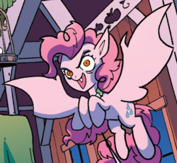Size: 535x492 | Tagged: safe, idw, official comic, pinkie pie, bat pony, pony, g4, night of the living apples, spoiler:comic, spoiler:comic33, female, flying, mare, outfit catalog, pinkiebat, race swap, solo, spread wings, wings